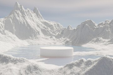 3d render winter podium and Realistic natural background, Panoramic winter landscape of snow-covered mountains and high rocky peaks under a cloudy sky in the glacier wilderness