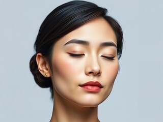 Serene facial portrait, tranquil moment, eyes closed, gentle head tilt, simple hairstyle, minimal adornment,  serene look,  inner peace