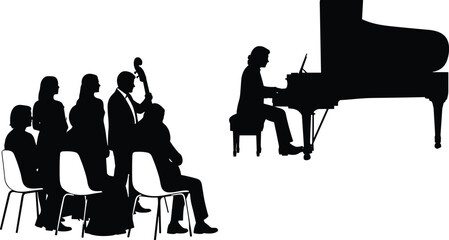 Classical music concert silhouettes featuring pianist and seated orchestra musicians performing live on stage isolated vector illustration concept © AVIJIT