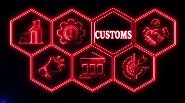 CUSTOMS  business concept. A neon read Business CUSTOMS concept. Hi tech motion graphic background. Business, technology, marketing, internet and networking concept. 4k video motion graphic	