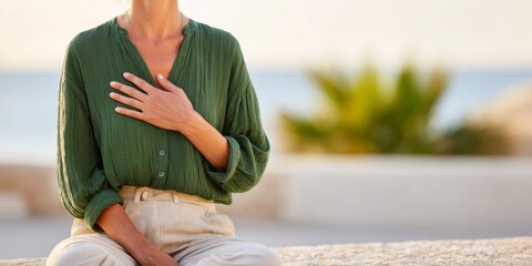 A young woman sits cross-legged outdoors, placing her hands on her chest and focusing on mindful breathing as sunlight shines around her