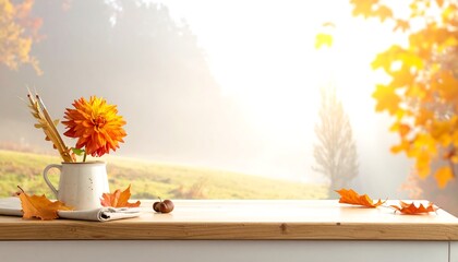 Autumnal Still Life with Dahlia and Fall Foliage.