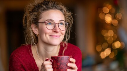 A young woman with curly hair and glasses sits indoors, holding a warm coffee mug and smiling softly while looking upward in warm light
