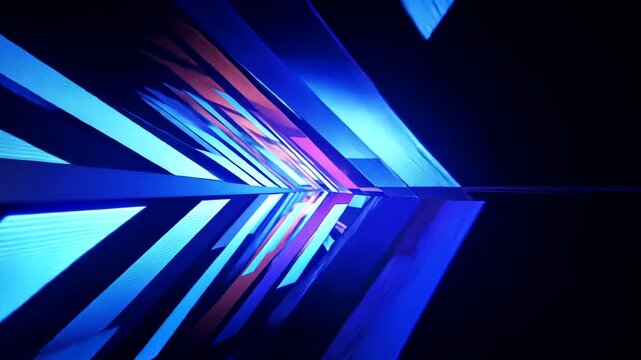 Abstract, angled blue and salmon geometric shapes with reflected shadows, dark background