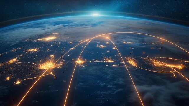 Earth from space with glowing orange network lines connecting illuminated cities at night planet globe