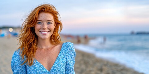 A young woman with red hair stands on a beach, smiling as the wind moves her hair and the sunset bathes the scene in soft light