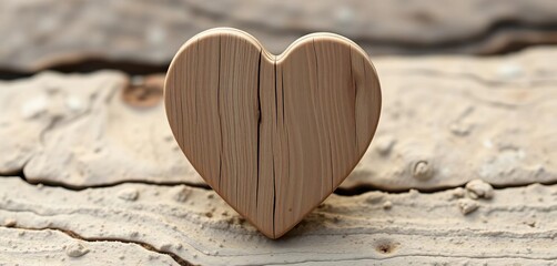 A charming, distressed wooden heart sits on a textured, natural surface, embodying simple, earthy beauty,  wholesome,  weathered surface