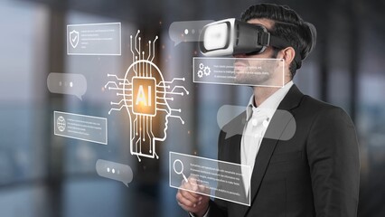 Businessman Engaged in Virtual Reality Experience with Artificial Intelligence Concept, Modern Office Background, Innovative Technology and Future Trends Gluon.