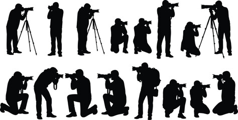Professional photographer silhouettes capturing moments with DSLR cameras and tripods, photojournalism, creative media, reportage, studio and outdoor photography concept