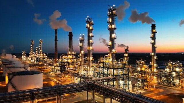 Oil Refinery Industrial Plant With Glowing Towers And Pipelines At Dusk Energy Production Video Scene