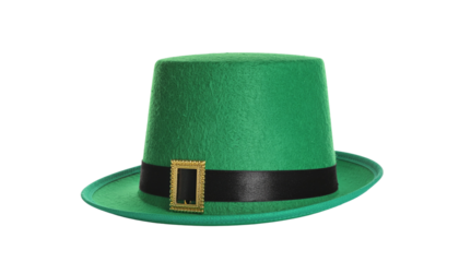 A vintage green felt St Patrick's Day top hat accessory isolated on a white background, featuring a classic retro style and black band for elegant holiday headwear fashion