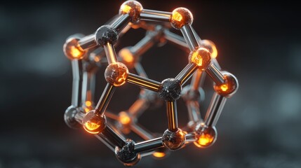 A metallic molecular sphere with interconnected nodes and glowing parts is shown in a dark studio. The scene highlights a futuristic design