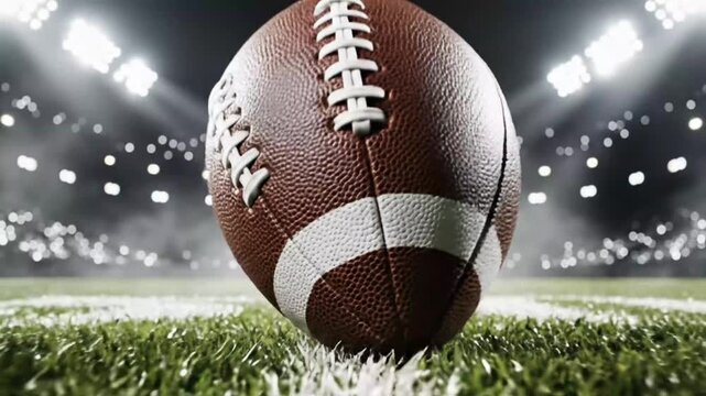 American Football Ball On Stadium Field Under Bright Lights Creating Powerful Sports Competition Video Scene