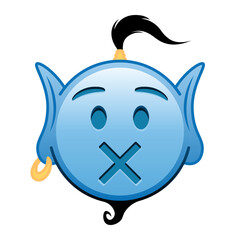 Blue genie cartoon emoji face with crossed-out mouth