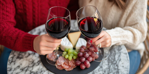 Happy couple toasting red wine glass at romantic dinner date enjoying cozy celebration together