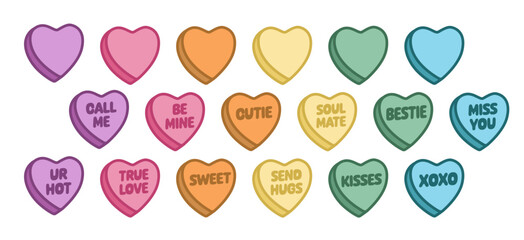 Cutie candy heart Valentine message collection - colorful cpnversation hearts in purple, pink, orange, yellow, green, and blue, cute and romantic celebration of love 