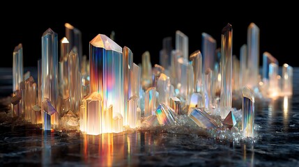 Elegant prism bars glowing with vibrant colors against dark background, crystal cluster with rainbow hues shining brightly