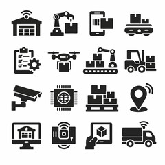 Warehouse automation icons: robotics, logistics, gps, barcode, inventory systems.