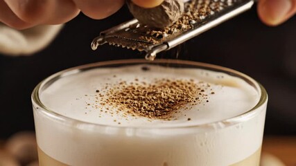 Close up of freshly grated nutmeg being sprinkled onto a creamy beverage with a frothy white top and a shallow depth of field