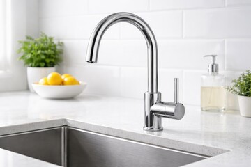 Modern Kitchen Sink with Chrome Faucet in Bright Minimal Interior