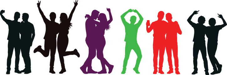 Colorful dancing people silhouettes celebrating friendship youth energy party lifestyle diversity happiness music festival nightlife concept illustration