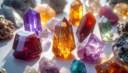 Colorful crystal gems collection on white surface mineral science concepts