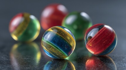 Colorful glass marbles with vivid internal streaks are scattered on a shiny black surface, creating reflections and transparency