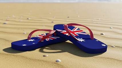 A pair of thongs decorated with the australian flag resting on sun-kissed sand. Australia day flip flops for lifestyle marketing