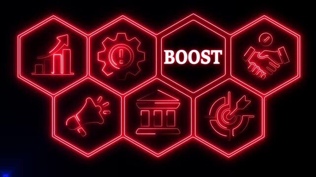 BOOST business concept. A neon read Business BOOST concept. Hi tech motion graphic background. Business, technology, marketing, internet and networking concept. 4k video motion graphic	