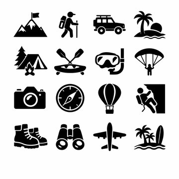 Adventure icons: camping, hiking, and travel symbols for outdoor enthusiasts.