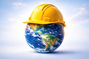 Planet Earth Wearing Construction Helmet as Symbol of Global Development and Sustainability