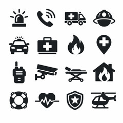Emergency services icons: ambulance, fire, police, medical, rescue, surveillance.