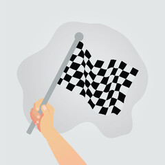 Flat vector illustration of a hand holding a black and white checkered race flag, symbolizing finish line, victory, competition, speed, and motor sport events with clean minimalist style
