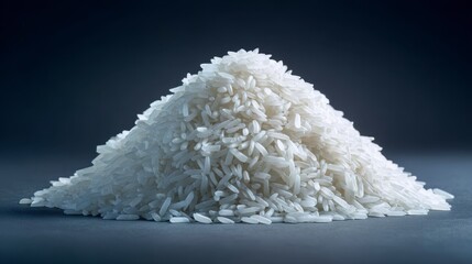 A small pile of long-grain white rice sits on a clean gray surface, illuminated by soft light to reveal texture and form