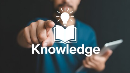 Knowledge transfer concept, mindset, thinking, cognition, education, creativity and idea Person holding knowledge icon on virtual screen.