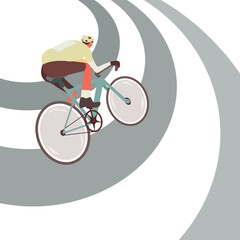 Minimalist vector illustration of a cyclist riding a bicycle on a curved road, representing movement, balance, endurance, and an active lifestyle with soft colors and modern flat design style
