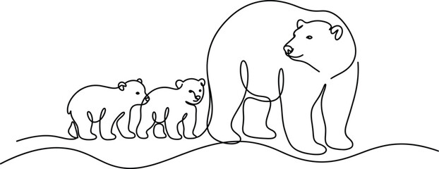 Continuous line drawing of a mother polar bear with two cubs walking together in a minimalist single line vector style. © Itz Joydip