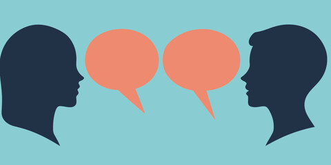 Two human silhouettes facing each other with speech bubbles symbolizing communication, dialogue, social interaction, and conversation in flat minimalist style on blue background