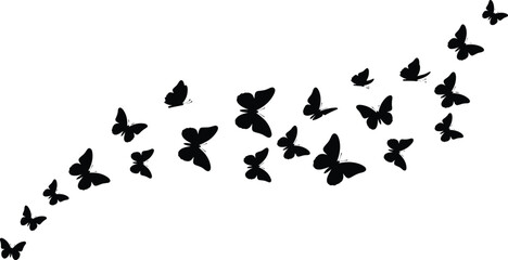 Silhouettes of butterflies in ascending flight pattern, black figures, dynamic composition, transparent background, nature and transformation illustration ©  BAKKOR