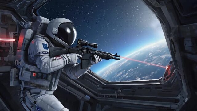 Astronaut with a weapon in the spacecraft.