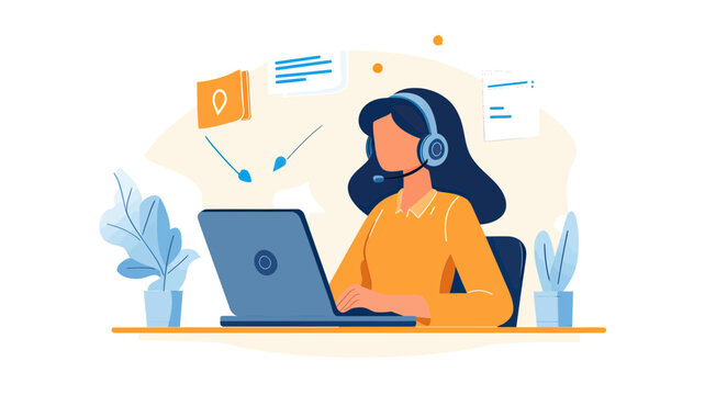 Female customer support agent wearing headset working on laptop providing online helpdesk and client service in modern office workspace flat vector illustration