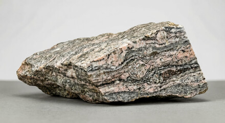 Ancient Acasta River gneiss specimen displaying complex folded bands of pink feldspar and grey quartz.