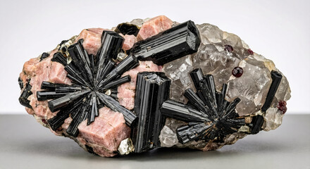 Black schorl tourmaline crystals with elongated prismatic form embedded in a light colored granitic pegmatite rock