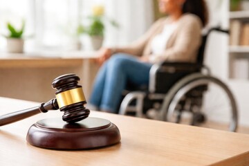 Legal Justice Concept with Judge Gavel and Person in Wheelchair in Background