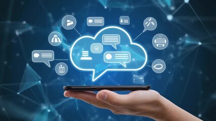 Hand Holding Smartphone Displaying Cloud Icons and Network Connections on Blue Background mobile - Powered by Adobe