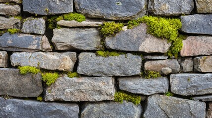 Fototapeta premium Old Stone Wall with Moss Growing Between Rocks Natural Texture Background