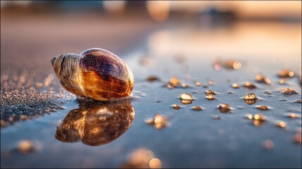 Seashell stands upright on wet sand during sunset with golden reflections in water and soft shadows stretching around it
