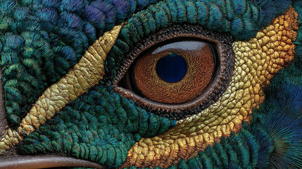 Close-up of a peacock feather eye, showcasing vibrant blue, green, and gold colors, highlighting intricate patterns, natural beauty, and ornamental elegance