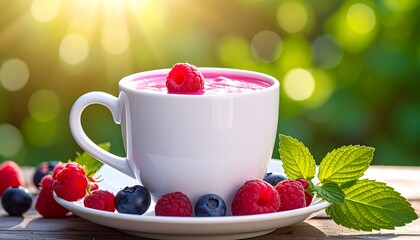 Refreshing Berry Smoothie in a White Cup with Fresh Berries and Mint Leaves.