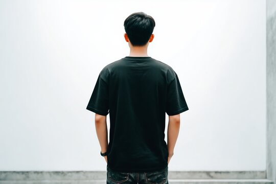 Hombre con camiseta negra de pie frente a pared blanca, Mockup para marca de ropa urbana, Vista trasera de un joven con camiseta negra y jeans